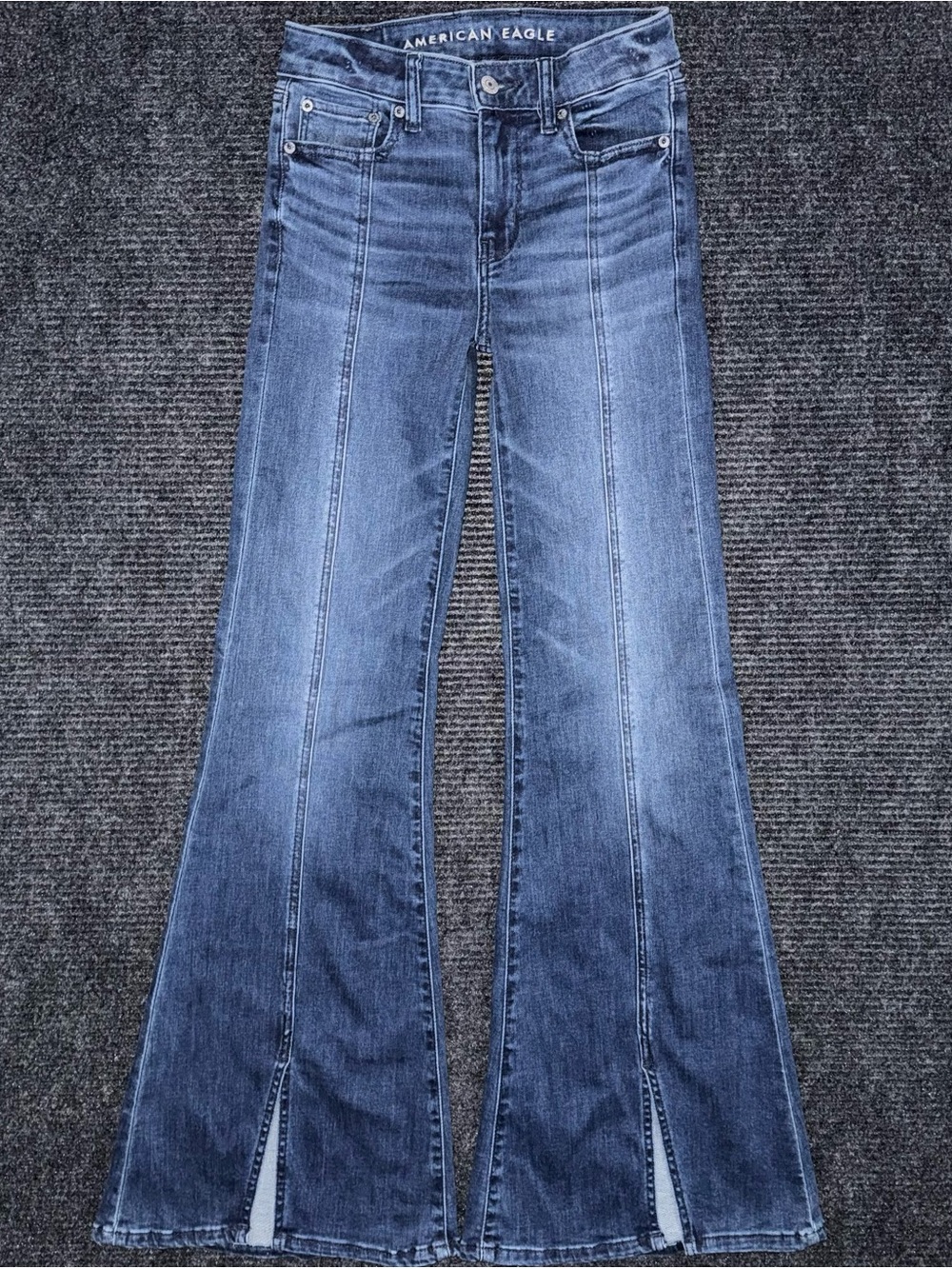 American Eagle Women’s Festival Flare Jeans Dark Wash Split Hem Seam Sz 00 Boho
